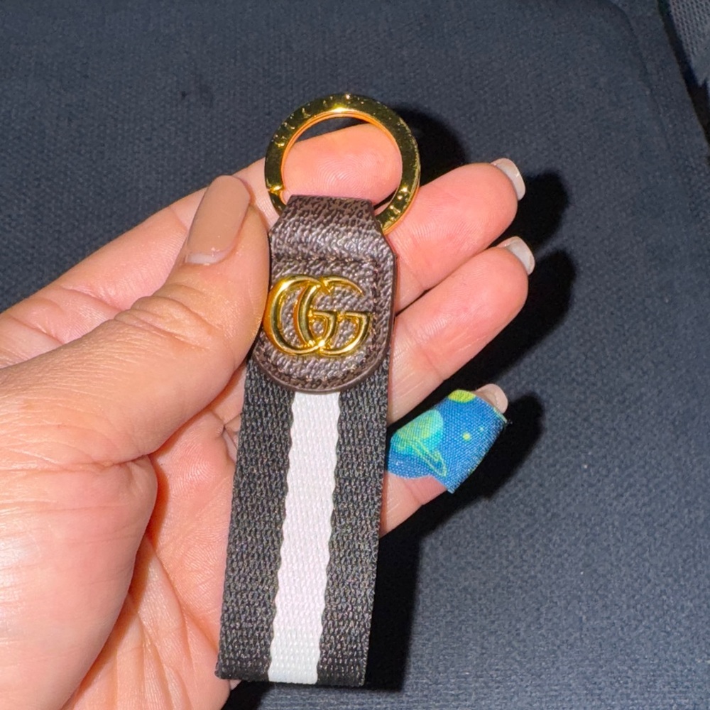 Gucci Gold Accent Brown and White Keychain